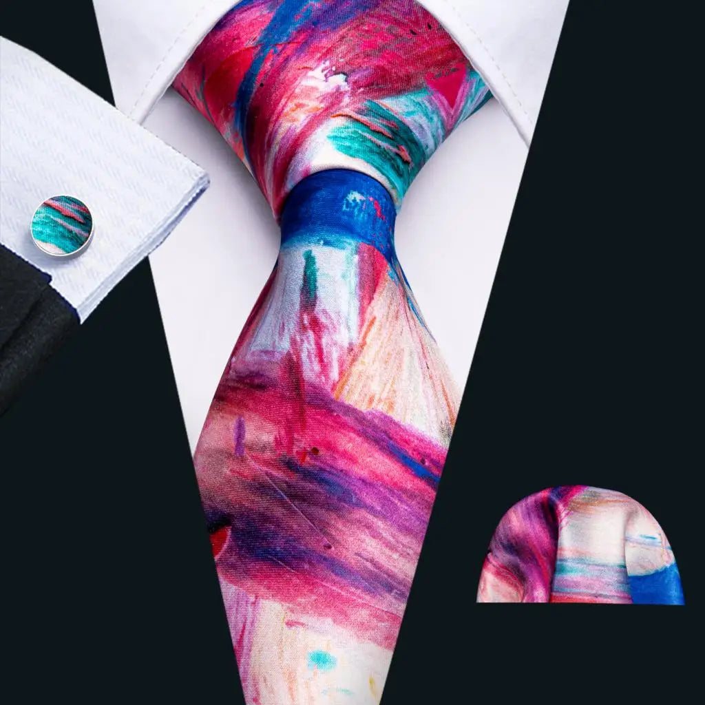 Barry.Wang Colorful Men Tie Handkerchief Cufflinks Set Novelty Floral Necktie for Male Designer Wedding Business Party Gift