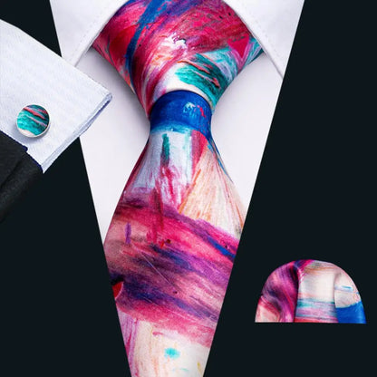 Barry.Wang Colorful Men Tie Handkerchief Cufflinks Set Novelty Floral Necktie for Male Designer Wedding Business Party Gift