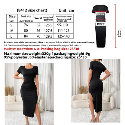 Slim Fit Square Neck Side Open Long Dress Sexy Solid Color Elegance Women&