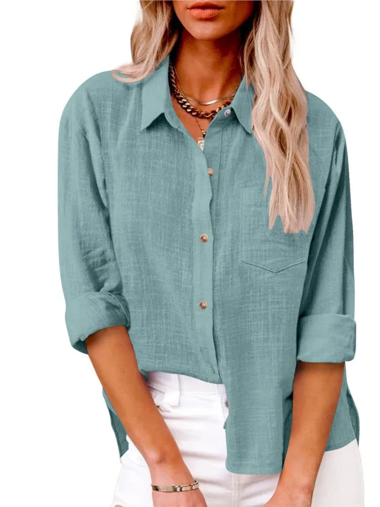 Women Casual Loose Solid Shirt Spring Summer Fashion Elegant Long Sleeve Button Office Holiday Top Shirts Blouses Women Casual