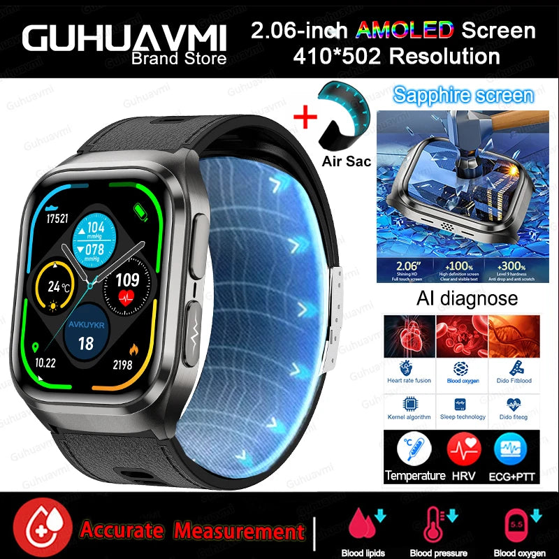 2026 New Blood Pressure Air Pump Airbag Accurate Measure Smart Watch Men Non invasive Blood Lipids Health ECG Smart Watches NFC