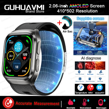 2026 New Blood Pressure Air Pump Airbag Accurate Measure Smart Watch Men Non invasive Blood Lipids Health ECG Smart Watches NFC