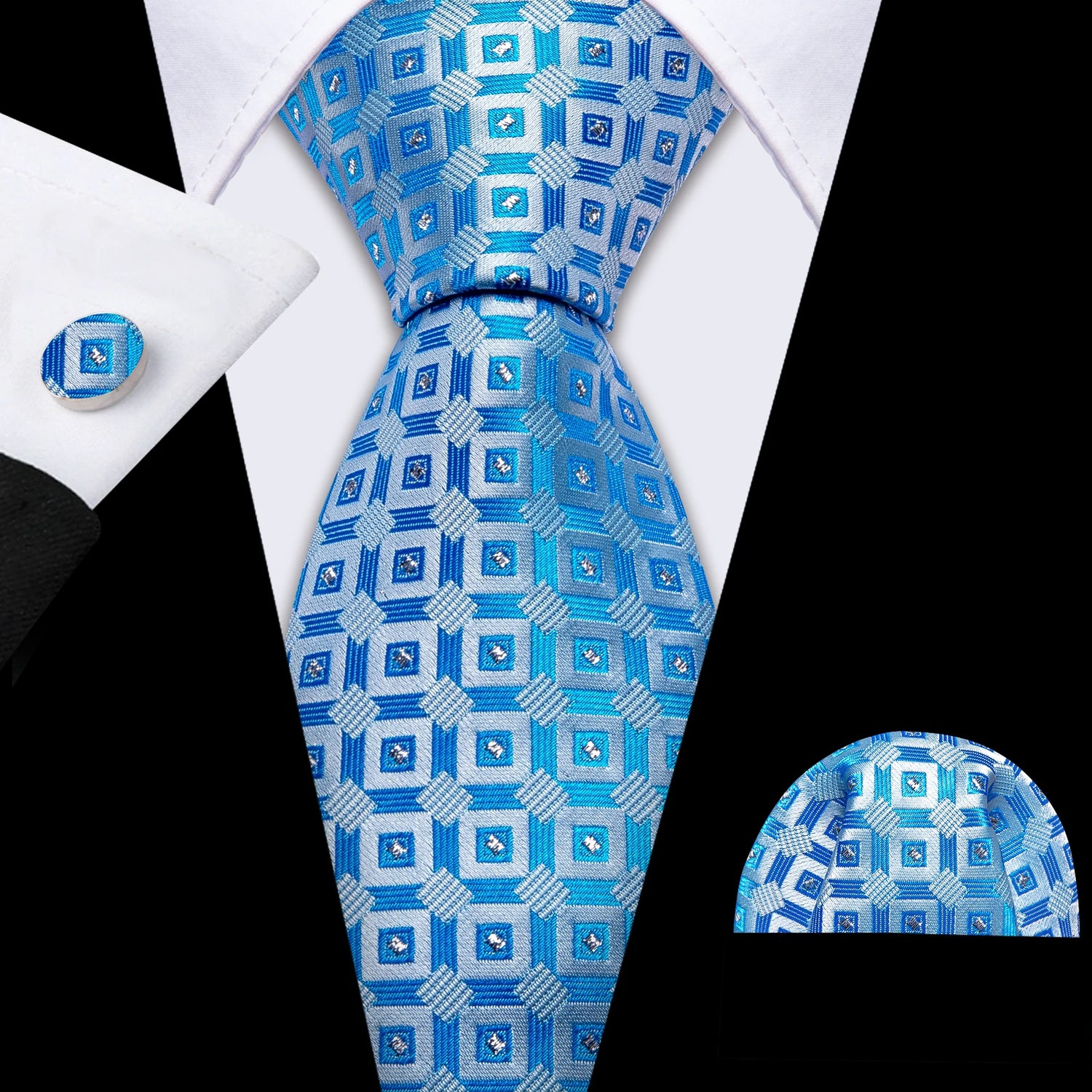 Barry.Wang Navy Royal Sky Blue Silk Men Tie Hanky Cufflinks Set Jacquard Teal Cyan Turquoise Necktie for Male Wedding Business