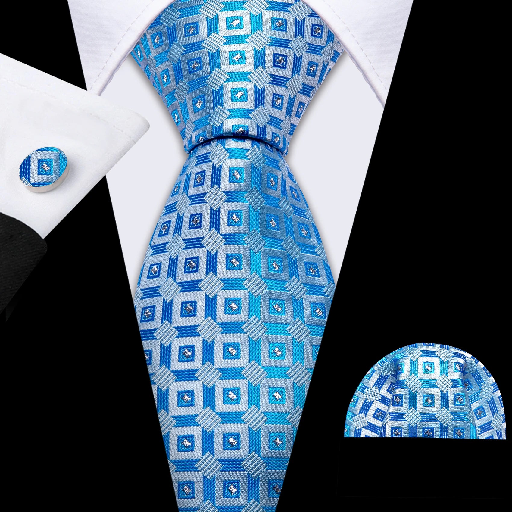 Barry.Wang Navy Royal Sky Blue Silk Men Tie Hanky Cufflinks Set Jacquard Teal Cyan Turquoise Necktie for Male Wedding Business