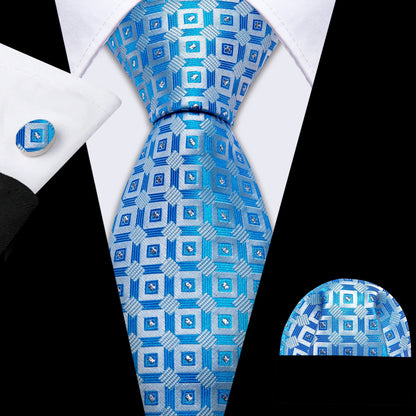 Barry.Wang Navy Royal Sky Blue Silk Men Tie Hanky Cufflinks Set Jacquard Teal Cyan Turquoise Necktie for Male Wedding Business