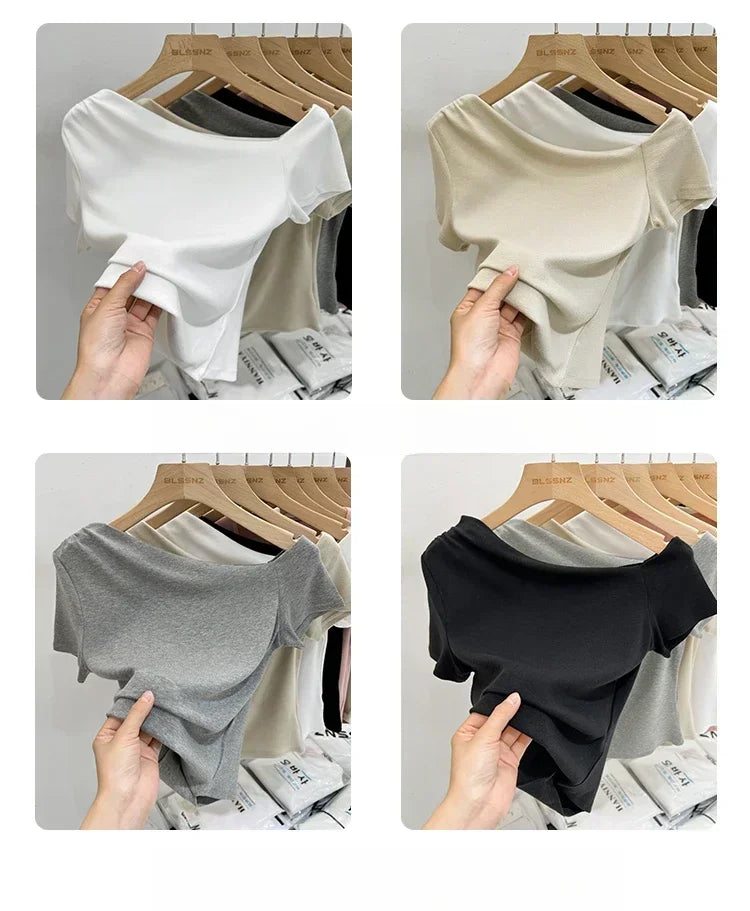 Womens Long Sleeve Off Shoulder T Shirts 2026 Tight Knit Sexy Slim Fitted Casual Women&