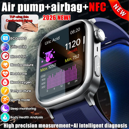 2026 New Air Pump+Air Bag+NFC Health SmartWatch Precise Blood Pressure Blood Fat Monitoring Voice Call Smartwatch For Men Women