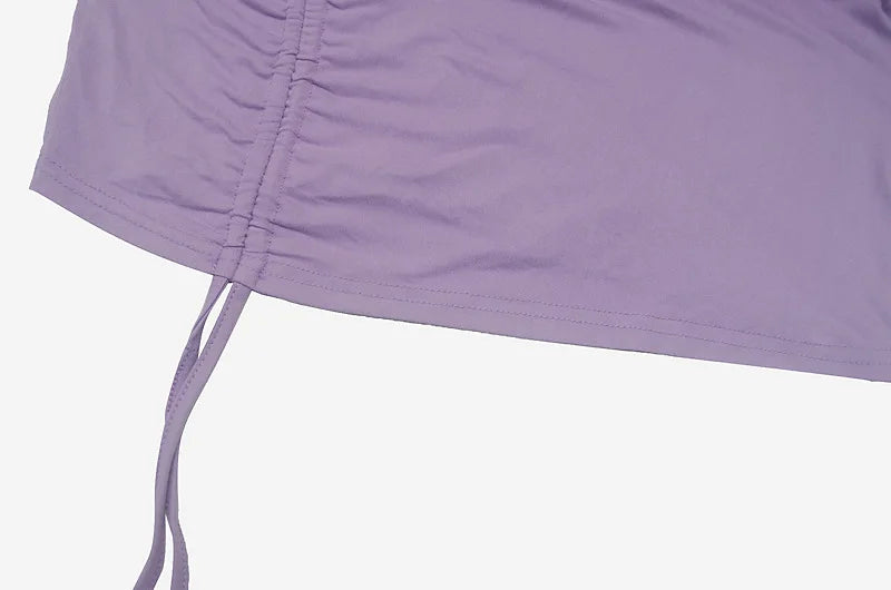 New Dresses 2025 Woman Fashion Summer High-neck Purple Long-sleeved Pleated Tie-up Dress Skirt Women&
