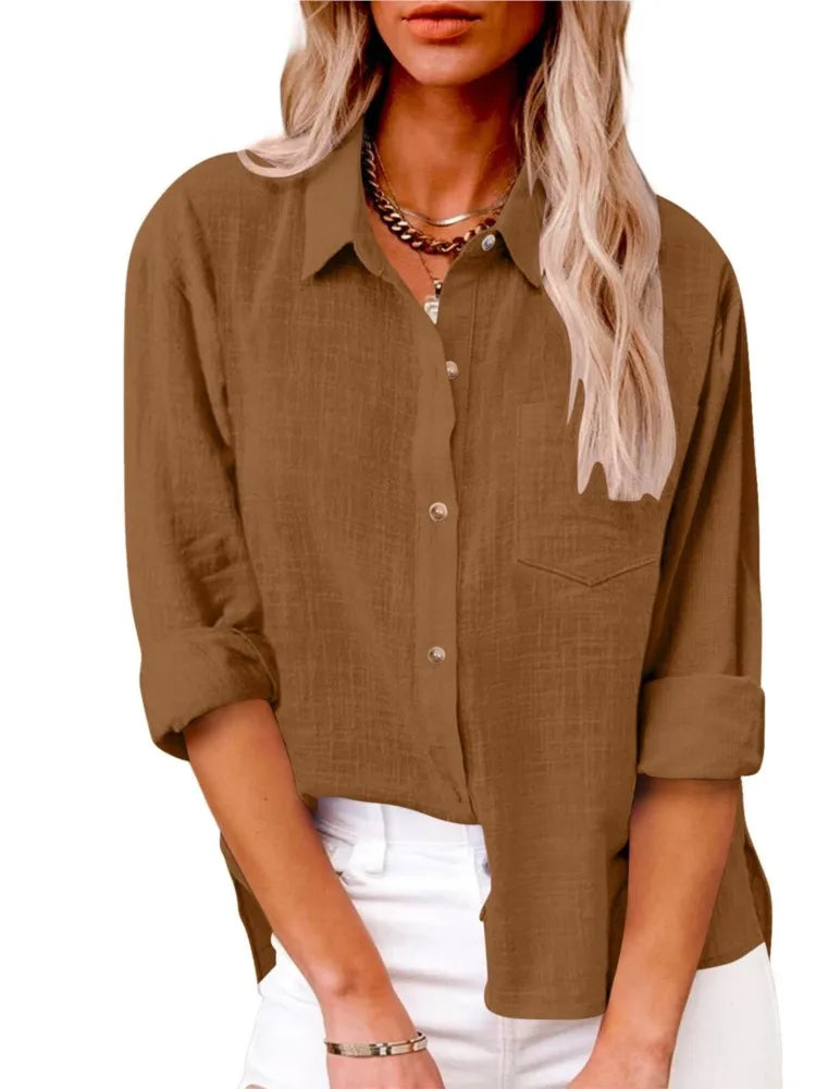 Women Casual Loose Solid Shirt Spring Summer Fashion Elegant Long Sleeve Button Office Holiday Top Shirts Blouses Women Casual