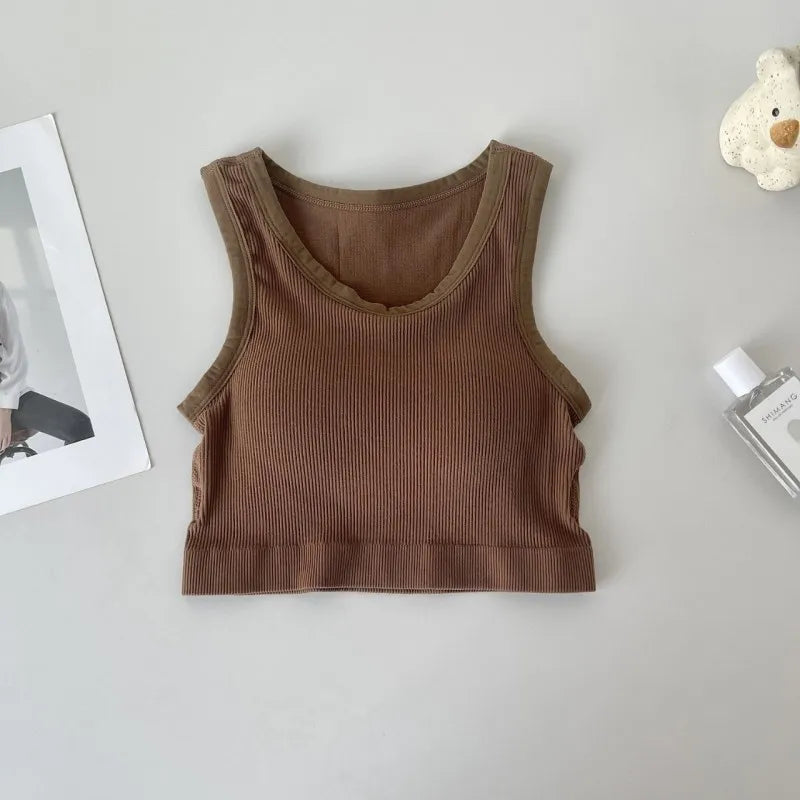 Women Tank Top Built In Bras Women Sports Bras Top With Chest Pads Shockproof Round Neck Crop Top Comfort Camisole