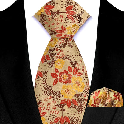 Mens 8cm Tie Set Orange Brown Floral Stripes Wedding Tie Hadkerchief Set For Men Fashion Design Quality Hanky Necktie Set
