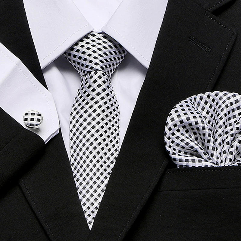 Men`s Tie Red Plaid print Jacquard Woven Tie Hanky Cufflinks Sets For Formal Wedding Business Party Free Postage