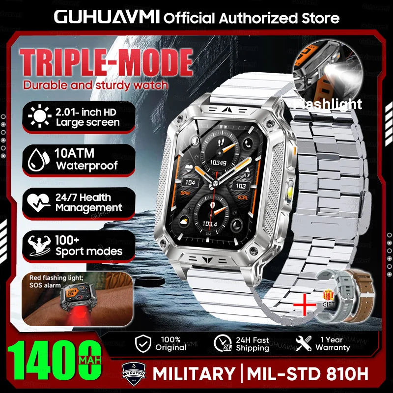New Rugged Military Smart Watch Men 1400 mAh battery 2.01inch AMOLED Bluetooth Call 10ATM Waterproof LED flashlight Smart watch