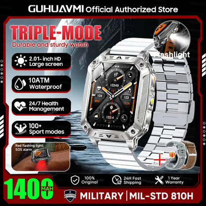 New Rugged Military Smart Watch Men 1400 mAh battery 2.01inch AMOLED Bluetooth Call 10ATM Waterproof LED flashlight Smart watch