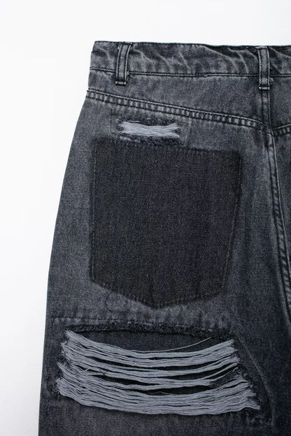 Jeans For Women 2024 Denim Solid Loose Zipper Fly Female Hole Trouser Pockets Wild Basic Commute Woman Wide Leg Long Pant