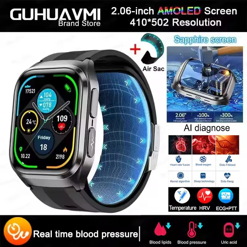 2026 New Blood Pressure Air Pump Airbag Accurate Measure Smart Watch Men Non invasive Blood Lipids Health ECG Smart Watches NFC