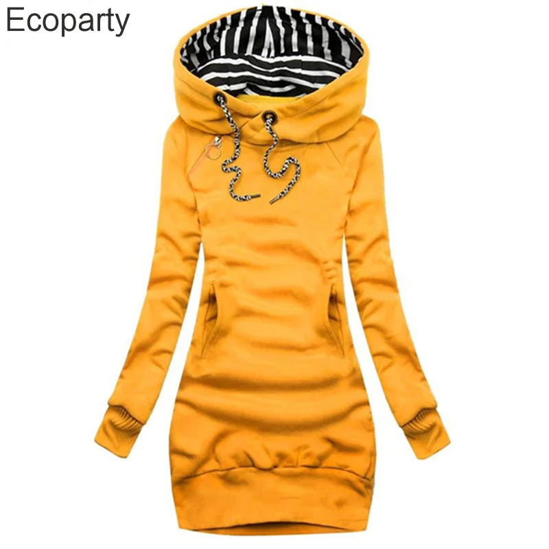 Hoodie Dress Casual Solid Colour Long Sleeve Drawstring Hoodie Dress Slim Hooded Pullover Sweatshirt Dress