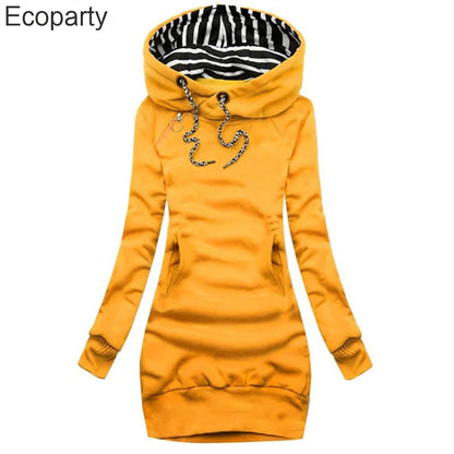 Hoodie Dress Casual Solid Colour Long Sleeve Drawstring Hoodie Dress Slim Hooded Pullover Sweatshirt Dress