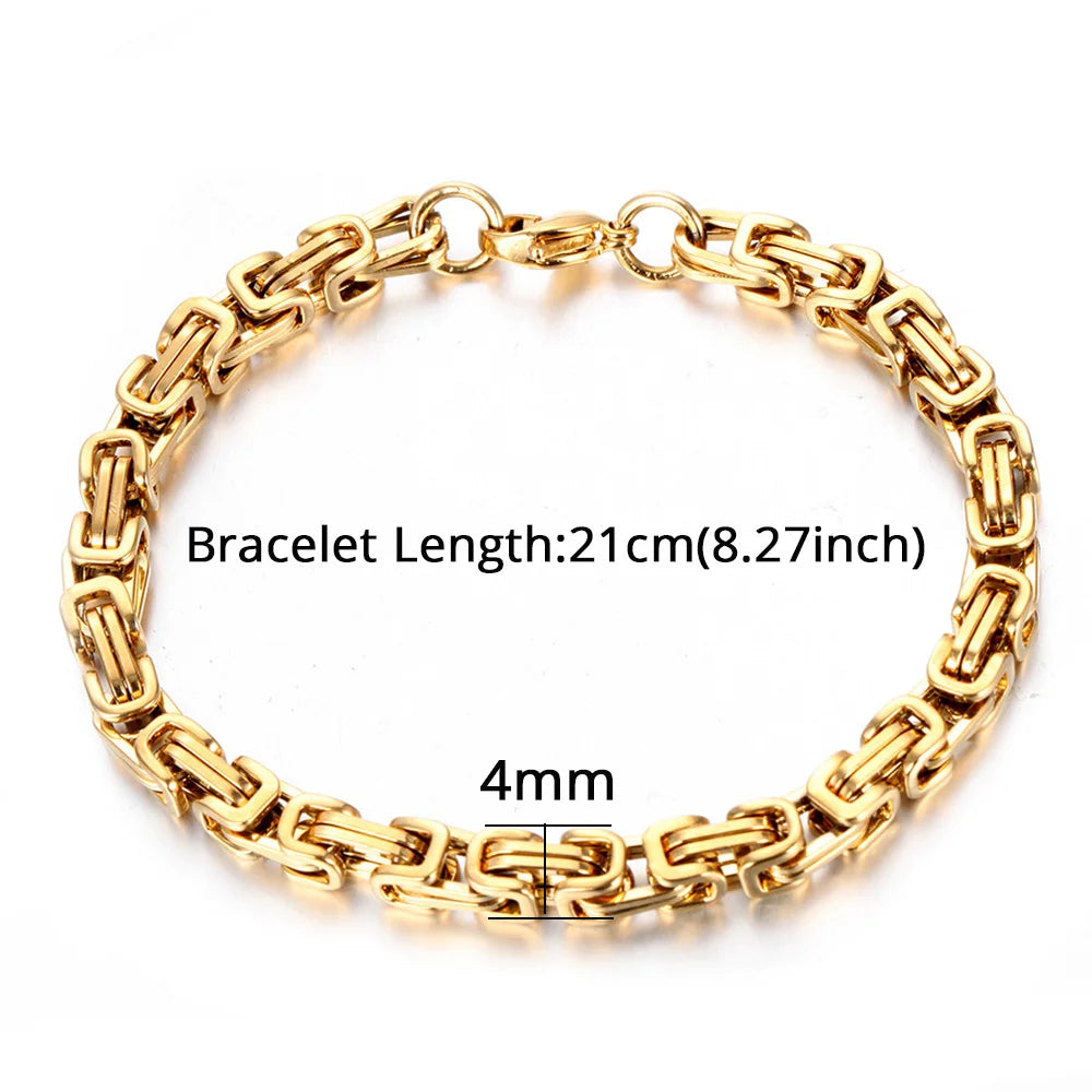Gold Color Stainless Steel 4mm Byzantine Link Chain Bracelets Necklace For Women Men Fashion Party Wedding Jewelry Sets Gifts
