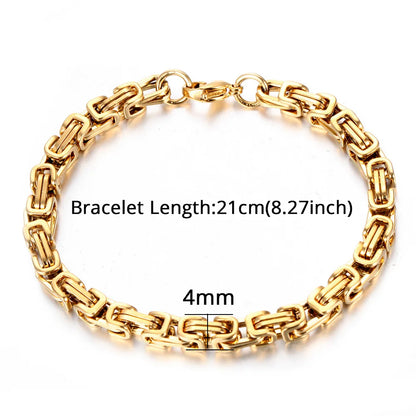 Gold Color Stainless Steel 4mm Byzantine Link Chain Bracelets Necklace For Women Men Fashion Party Wedding Jewelry Sets Gifts