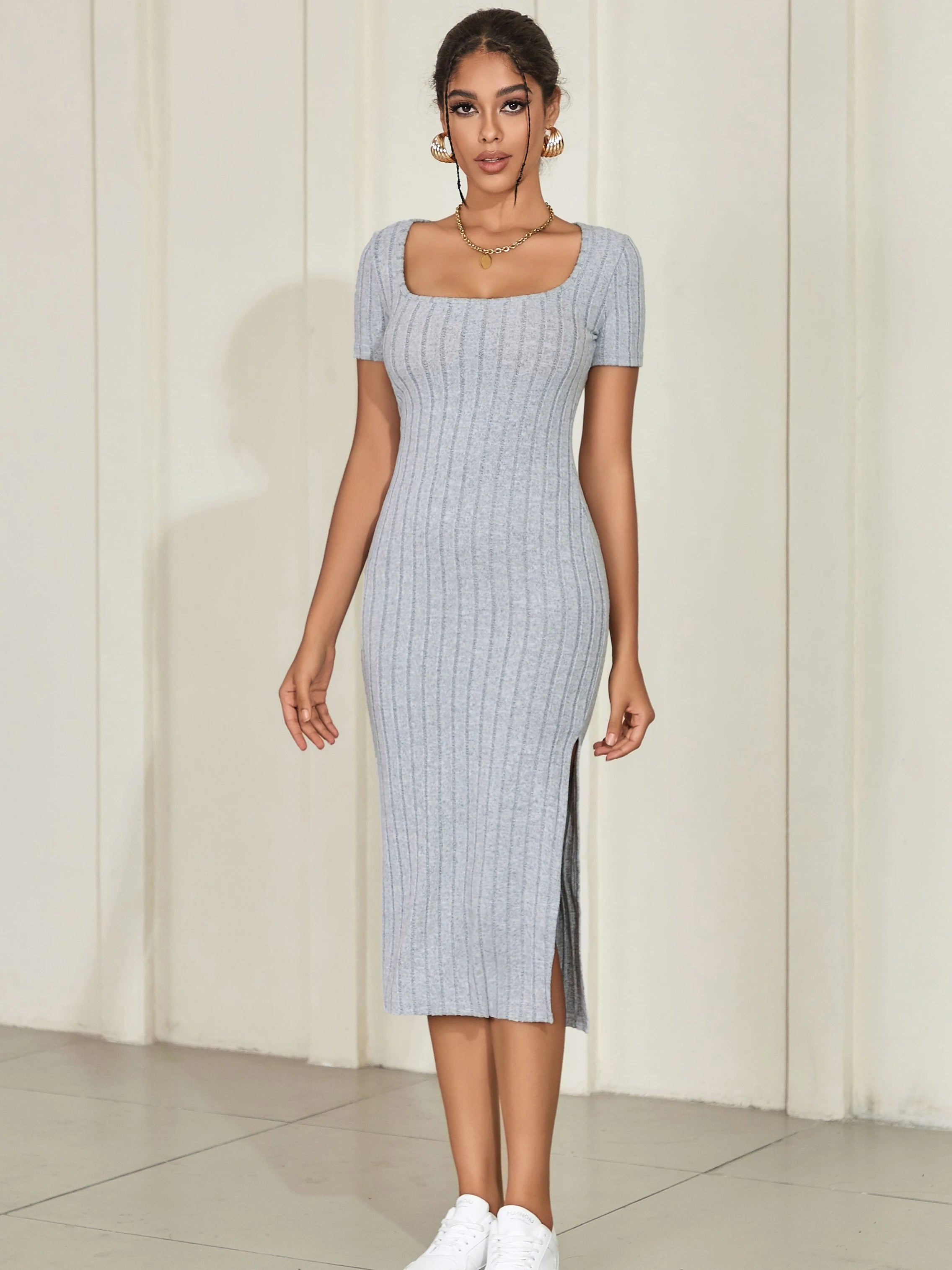 Summer square neck, hip-hugging mid-length skirt, short-sleeved, versatile knitted slit dress