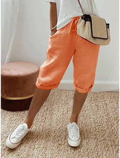 Shorts Women summer cotton linen elastic waist pocket elastic casual pants five quarter women&