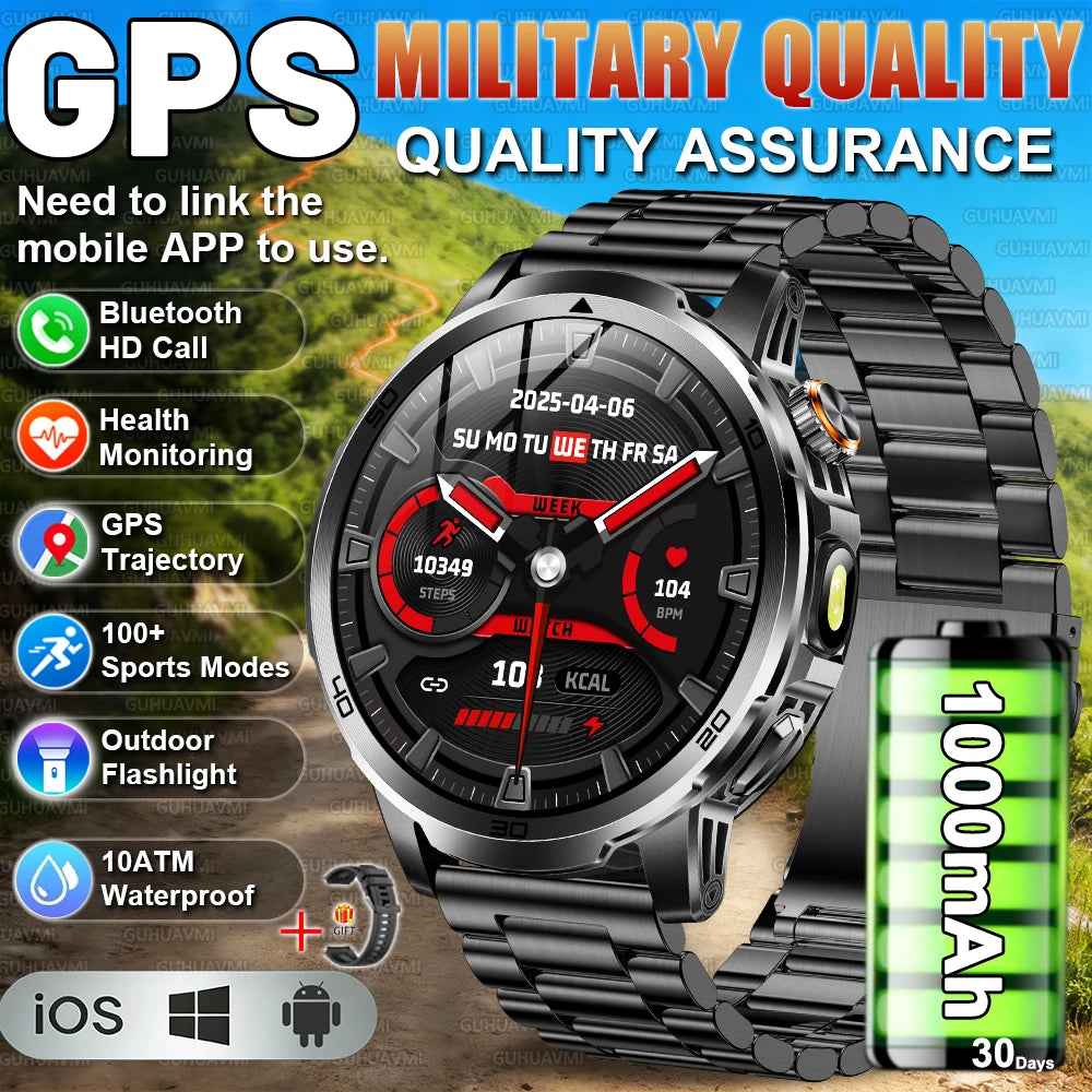 2026 New Military Outdoor Smart Watches 1.85 inch AMOLED 1000mAh Large Battery 10ATM Waterproof Call Sports Men Fitness Bracelet