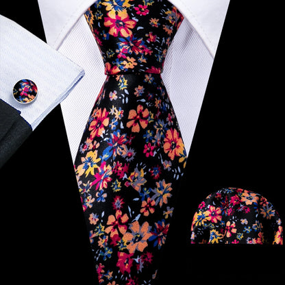 Barry.Wang Colorful Men Tie Handkerchief Cufflinks Set Novelty Floral Necktie for Male Designer Wedding Business Party Gift