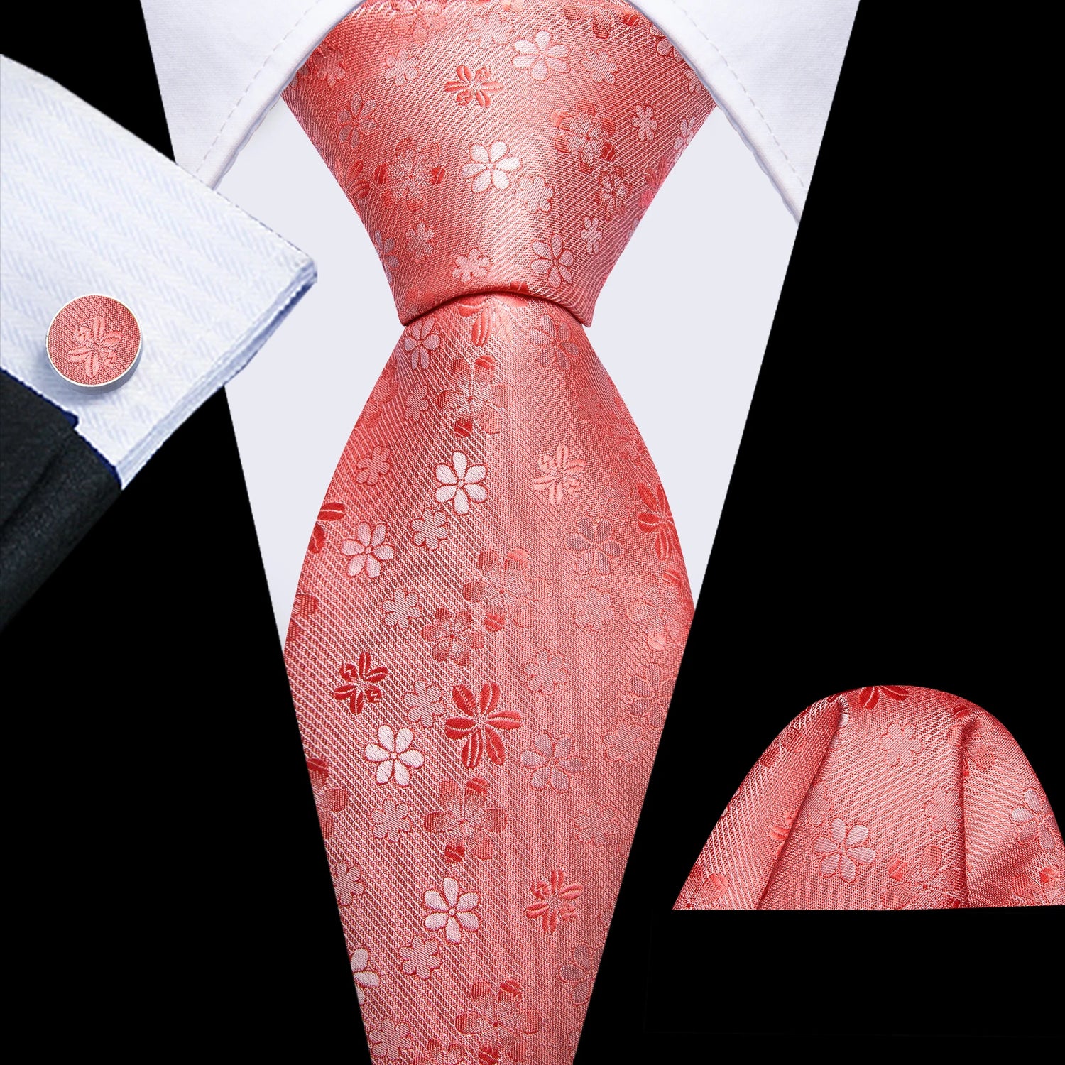 Barry.Wang Jacquard Watermelon &amp; Peach Pink Men Tie With Pocket Square Cufflinks Set Exquisiet Necktie For Male Wedding Business