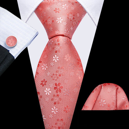 Barry.Wang Jacquard Watermelon &amp; Peach Pink Men Tie With Pocket Square Cufflinks Set Exquisiet Necktie For Male Wedding Business