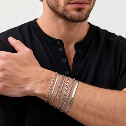 7pcs/set Simple Chain Bracelet for Men Women,Stainless Steel Silver Color Metal Chain Wristband,Basic Layered Jewelry Gift