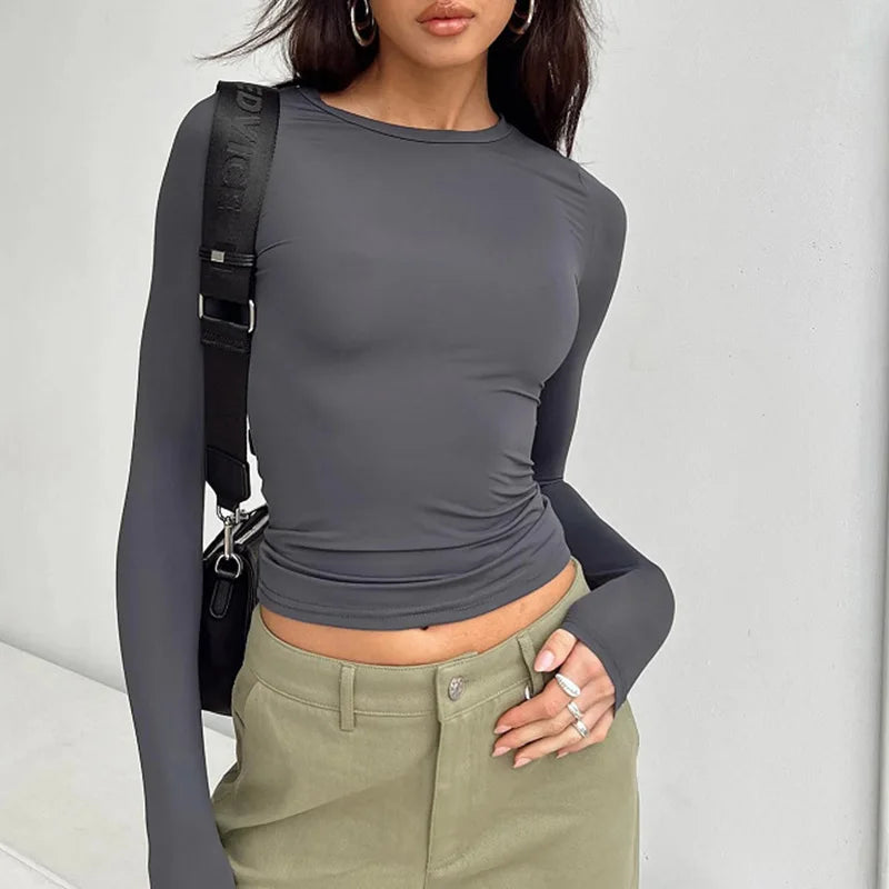 Women Casual Long Sleeve T-Shirts Spring Autumn Solid Slim Fit Pullovers Tees Shirts Female Streetwear Base Tees Tops