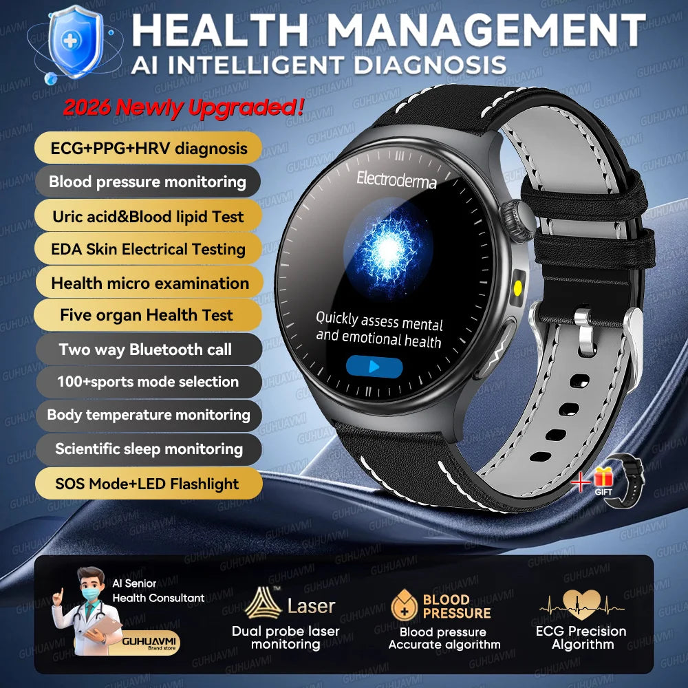 2026 New Micro Physical Examination Health SmartWatch Men ECG Uric Acid Lipids Blood Pressure BT Call Smartwatch For Android IOS
