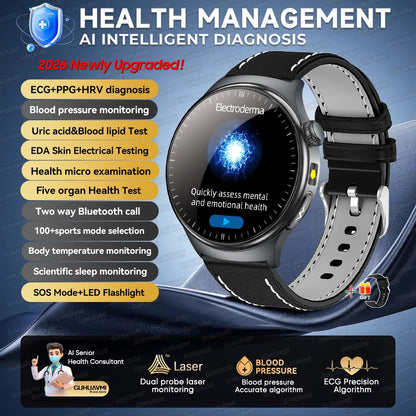 2026 New Micro Physical Examination Health SmartWatch Men ECG Uric Acid Lipids Blood Pressure BT Call Smartwatch For Android IOS