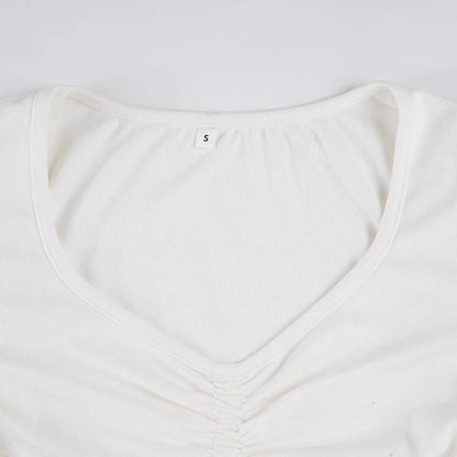 SUCHCUTE White Casual V Neck Pleated T Shirts For Women Long Sleeve Tees Y2k Streetwear Crop Tops Elegant Basic Clothing Autumn