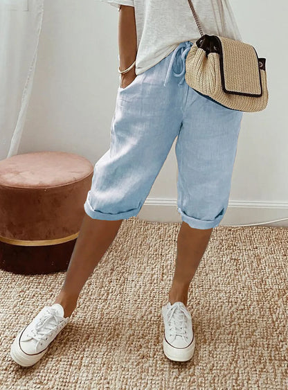 Shorts Women summer cotton linen elastic waist pocket elastic casual pants five quarter women&