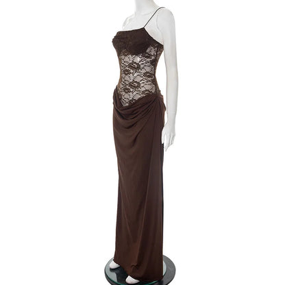 Mozision One Shoulder Lace See Through Sexy Maxi Dress Women Gown Fashion Off-shoulder Sleeveless Backless Club Long Dresses