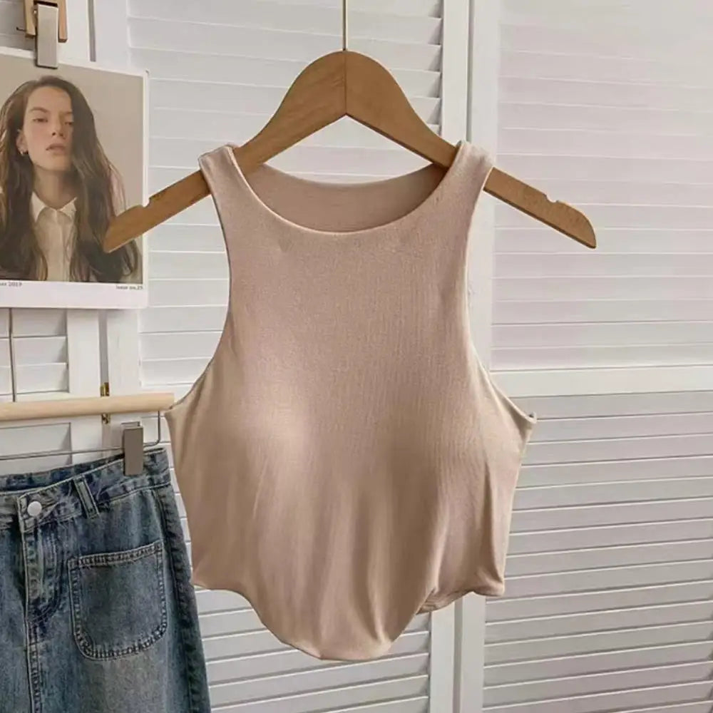 Summer Women Tank Tops Solid Color Camisole with padded Bra sexy Off Shoulder O Neck Elastic Tank Top Casual Sport Vest