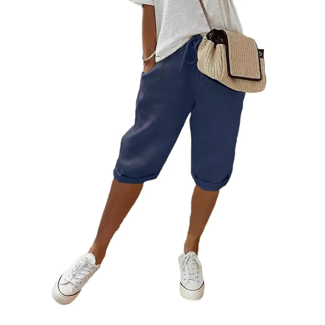 Shorts Women summer cotton linen elastic waist pocket elastic casual pants five quarter women&