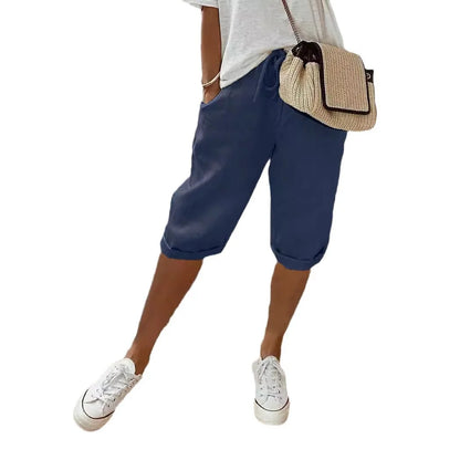 Shorts Women summer cotton linen elastic waist pocket elastic casual pants five quarter women&
