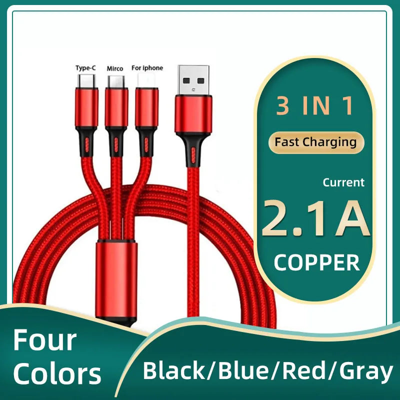 3 In 1 Micro USB Type C Charger Cable Multi Usb Port Multiple Usb Charging Cord Usbc Mobile Phone Wire For ios/Android/Type-C.