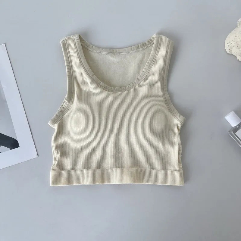 Women Tank Top Built In Bras Women Sports Bras Top With Chest Pads Shockproof Round Neck Crop Top Comfort Camisole