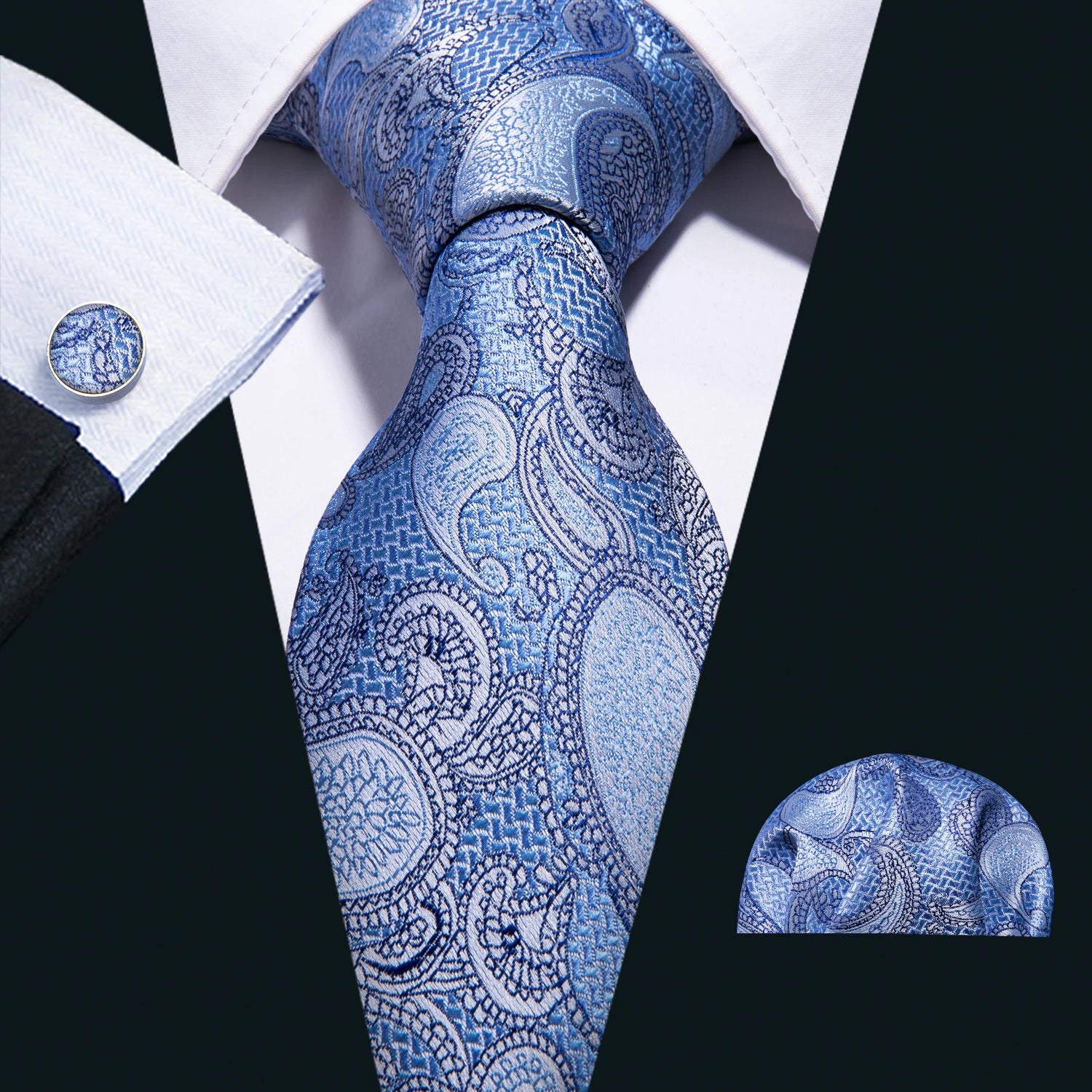 Barry.Wang Navy Royal Sky Blue Silk Men Tie Hanky Cufflinks Set Jacquard Teal Cyan Turquoise Necktie for Male Wedding Business