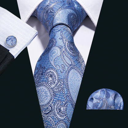 Barry.Wang Navy Royal Sky Blue Silk Men Tie Hanky Cufflinks Set Jacquard Teal Cyan Turquoise Necktie for Male Wedding Business