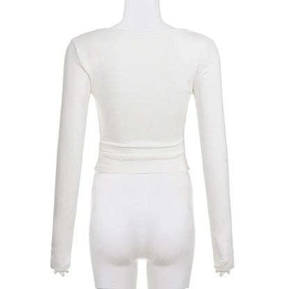 SUCHCUTE White Casual V Neck Pleated T Shirts For Women Long Sleeve Tees Y2k Streetwear Crop Tops Elegant Basic Clothing Autumn