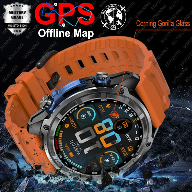 2025 New Military GPS Smart Watch Men Offline Map Compass 5ATM Waterproof 4GB Memory 860 mAh Swimming Sapphire Screen Smartwatch