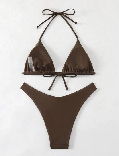 Women Thong Bikini Sexy Solid White/Black/Coffee Halter Swimsuit Lace Up Brazilian Bathing Suit 2025 New Double Fabric Beachwear