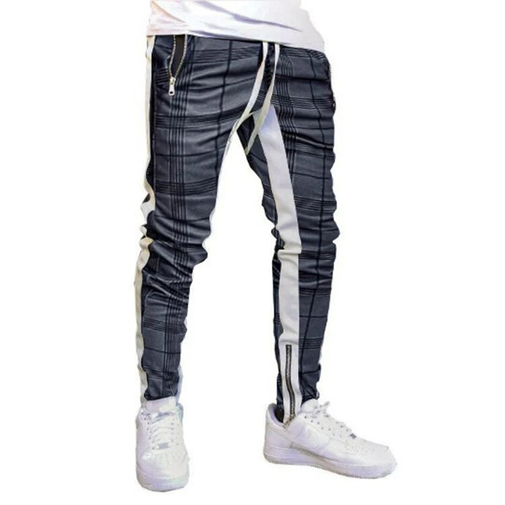 Mens Training Pants Plaid GYM Track Sweatpants Grey Joggers Breathable Stripe Fitness Male Running Sport Trousers Zipper Pockets