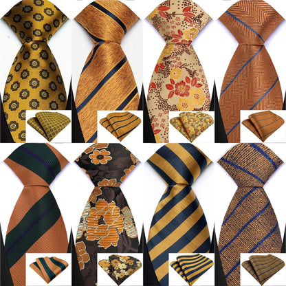 Mens 8cm Tie Set Orange Brown Floral Stripes Wedding Tie Hadkerchief Set For Men Fashion Design Quality Hanky Necktie Set