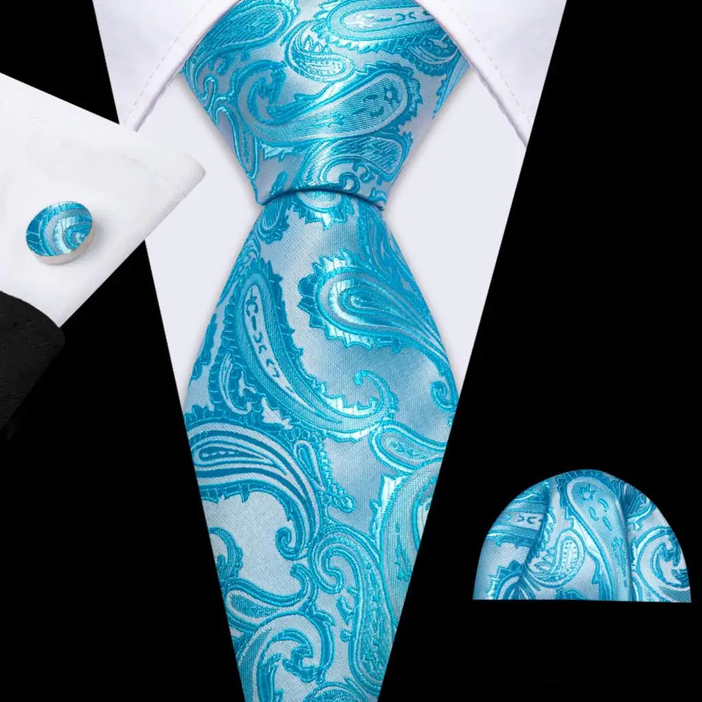 Barry.Wang Navy Royal Sky Blue Silk Men Tie Hanky Cufflinks Set Jacquard Teal Cyan Turquoise Necktie for Male Wedding Business
